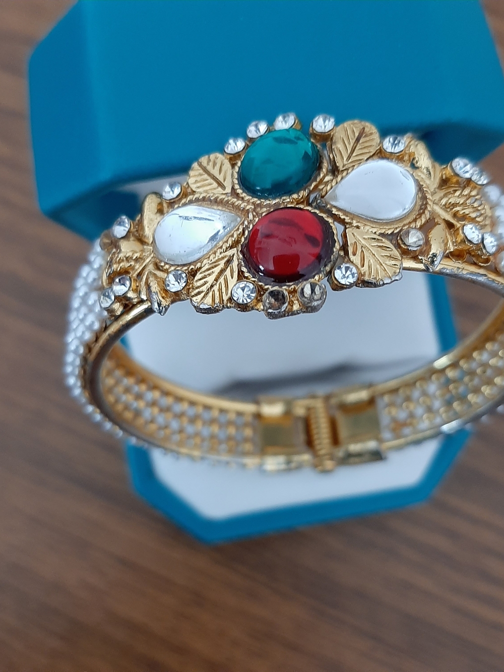 Gold-tone Women’s Bracelet with Red, Green and White Gemstones